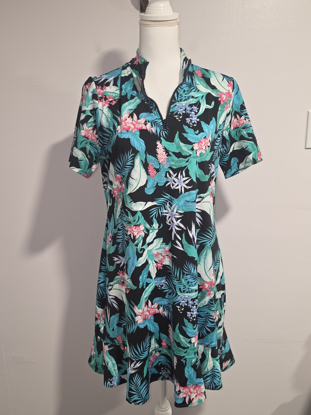 Tommy Bahama Black Teal Pink Tropical Short Sleeve Golf Dress Women's Size Large